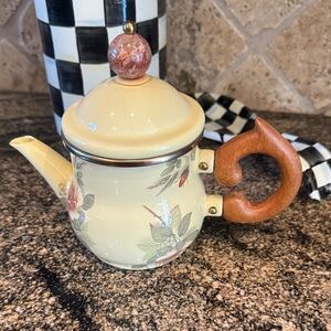McKenzie Childs Floral Cream Teapot with Wooden Handle